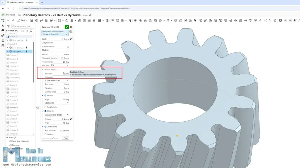 Adding offset to the gear when designing in Onshape to make sure we can assembly the gears