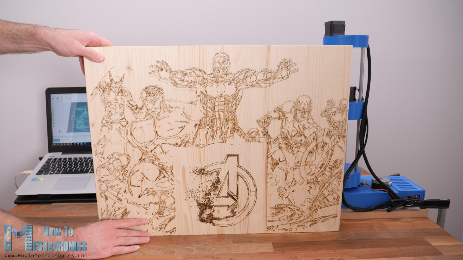Laser Engraving huge Avengers drawing on 600 x 400 mm wooden board