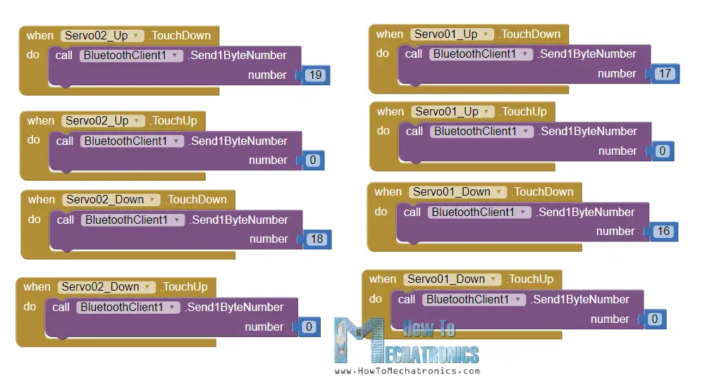 Android app blocks for the servo control of the Arduino robot arm