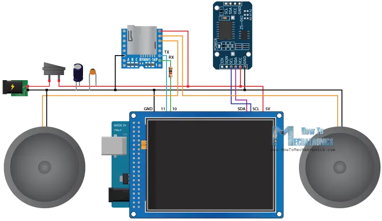 Arduino Music Player and Alarm Clock Parts List Circuit Schematics