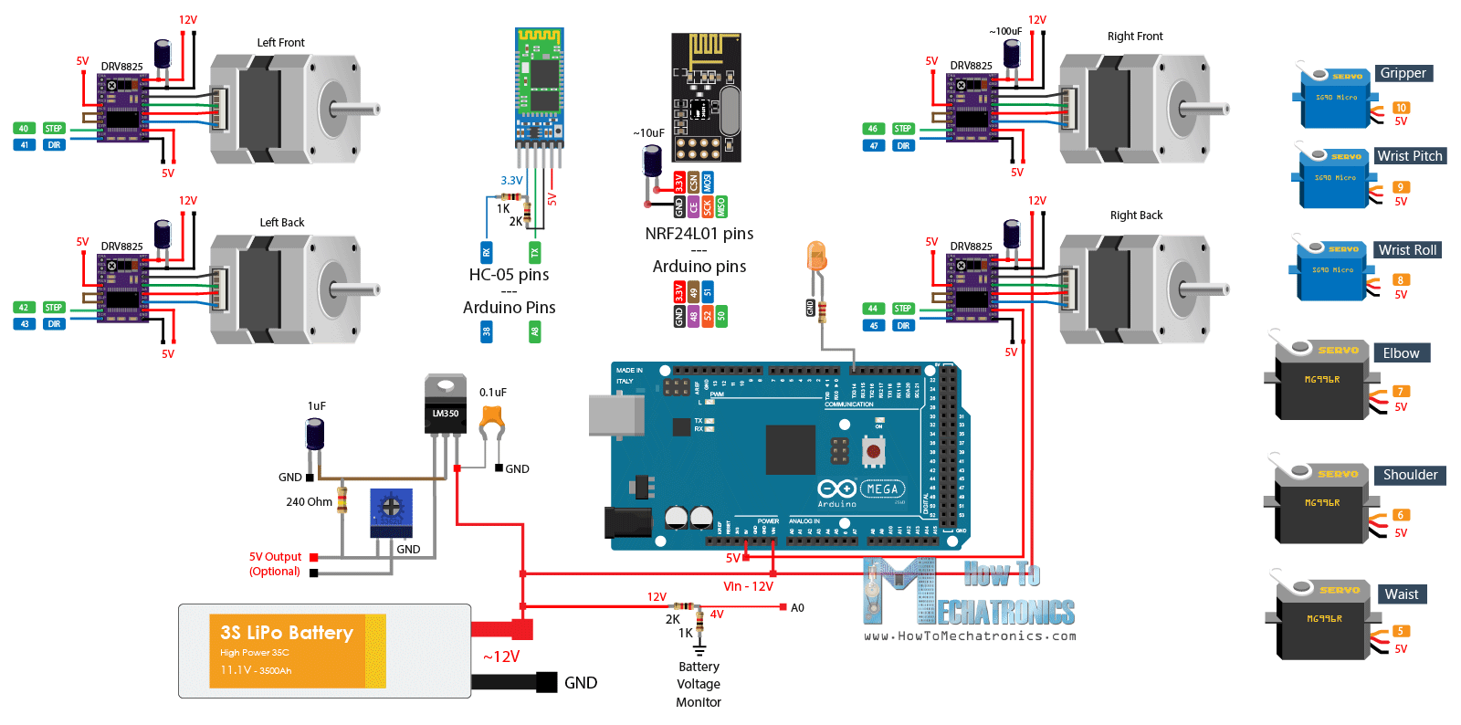 Arduino Robot Arm and Mecanum Wheels Robot Circuit Diagram