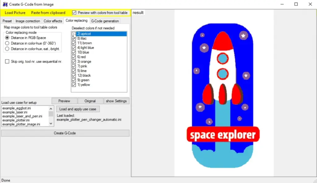 Creating G-code from image for CNC drawing machine with ATC