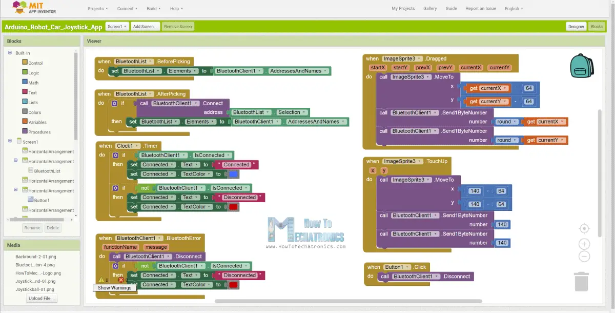 MIT App Inventor Joystick Application Blocks